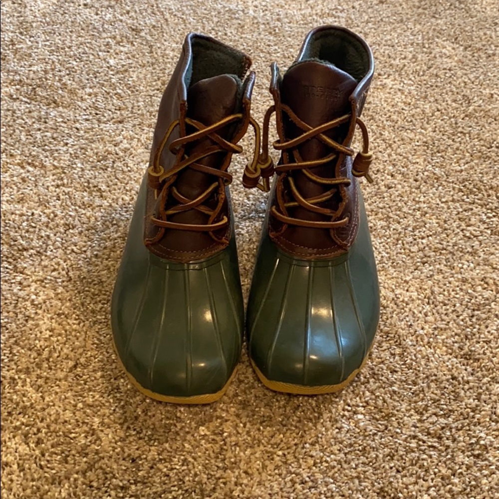 Sperry green and leather duck boots